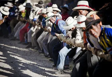 Rebuilding Qeswachaka bridge near Cusco, Peru