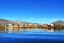 Panoramic view of the Uros Islands on Lake Titicaca in Peru.