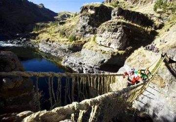 Crossing Qeswachacka, the last Inca bridge, in Peru.