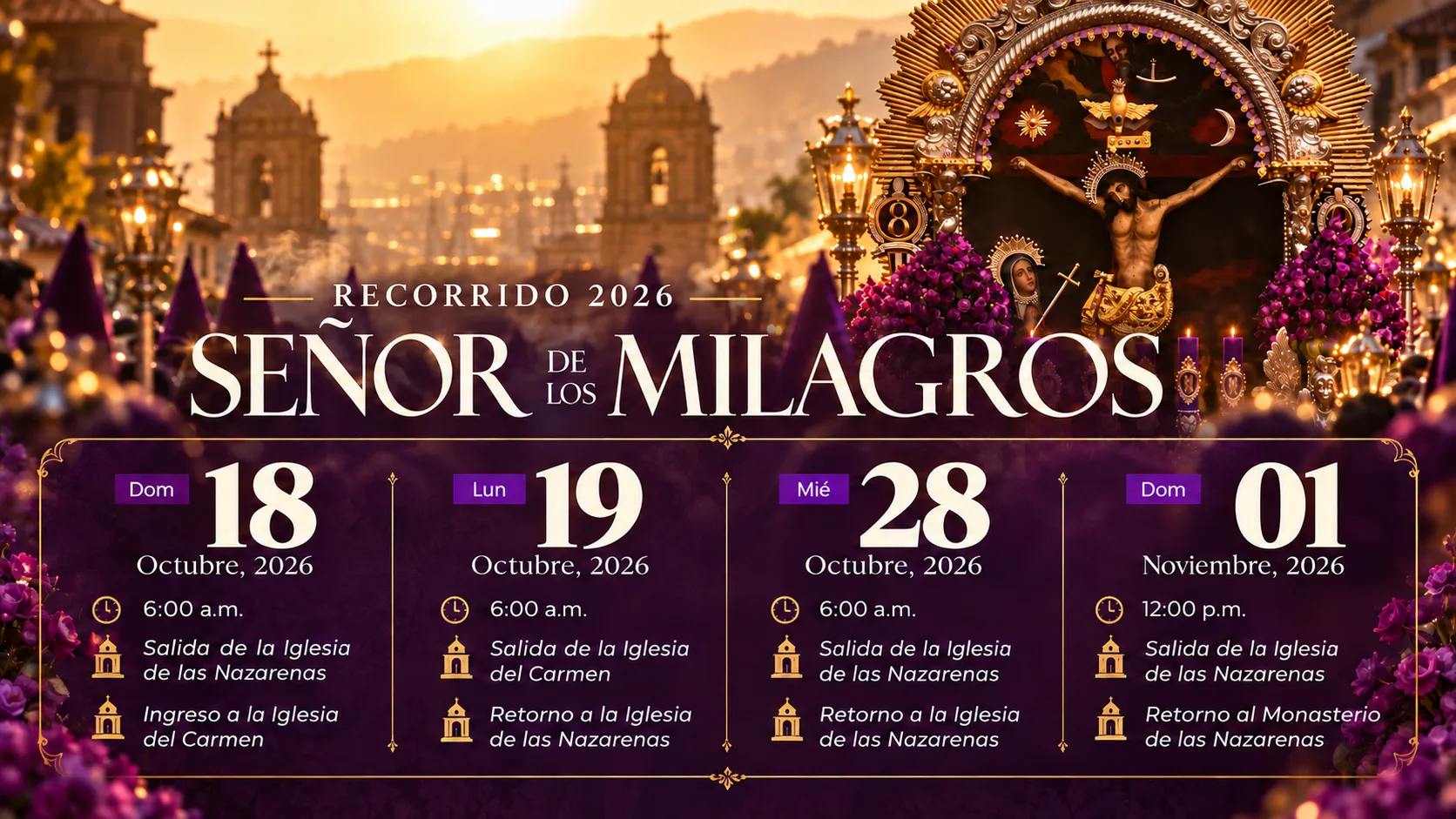 Devotos con h&aacute;bitos morados acompa&ntilde;ando las andas procesionales en el Centro de Lima