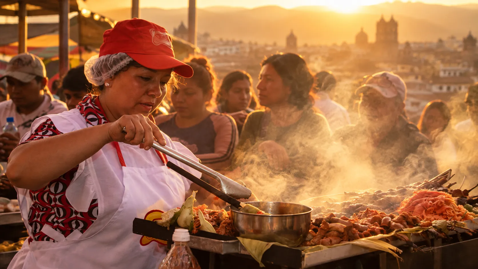 Venta tradicional de turr&oacute;n de Do&ntilde;a Pepa y anticuchos durante las festividades de octubre