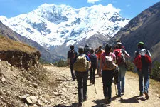 Beginning the trek towards snowy Mt. Salkantay near Cusco Pe