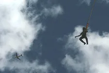 Exhilirating free-fall bungee jump near Cusco Peru