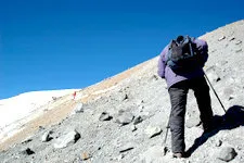 Lone hiker scaling Chachani Volcano outside of Arequipa, Per