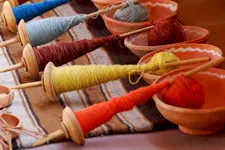 Skeins of brightly died alpaca wool yarn near Cusco, Peru.