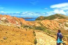 Walking along an Inca Path on Sun Island in Lake Titicaca, B
