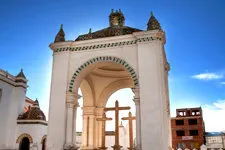 Tower at Copacabana Santuary in Bolivia alongside Lake Titic