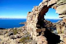Incan arch on Sun Island in Lake Titicaca near Copacabana, B