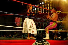 Cholita wrestling showdown in La Paz, Bolivia.