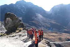 Group of bikers rest along death road from La Paz to Coroico