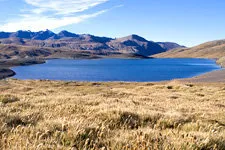 Panoramic view of lakes, peaks from Choro Trail near La Paz,