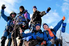 Mountain climbers on the summit of Huayna Potosi near La Paz