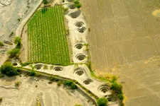 Arial view of Cantayoc Aqueducts in Nazca, Peru.