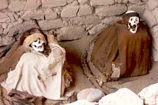 Ancient mummies of Chauchilla Cemetery in Nazca, Peru.
