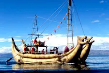 Totora reed boat on from floating Uros islands on Lake Titic