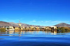 Panoramic view of the Islands of Uros in Lake Titicaca in Pe