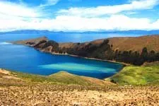 Panoramic view from Sun Island of Lake Titicaca in Bolivia.