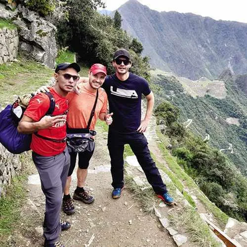 Cover Photo. Descending Inca stairs along trail to Machu Pic