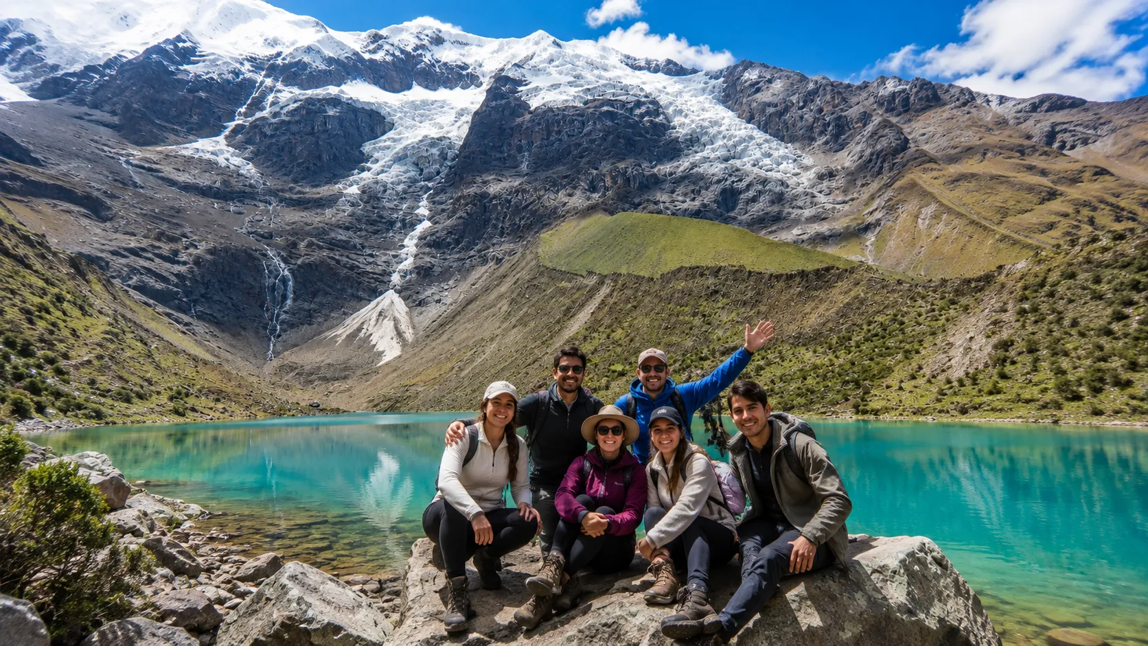 grupo de turistas en la laguna humantay