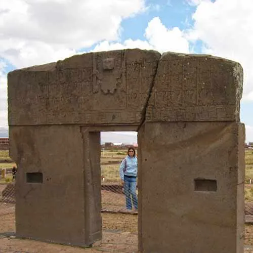 Sun gate at Tiawanaku ruins near La Paz Bolivia